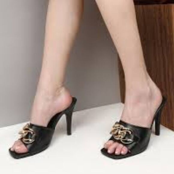 BRAND NEW SHOELAND SQUARE TOE SLIP-ON FOOT OPEN TOE GOLD CHAIN LINKING S… - Picture 14 of 15